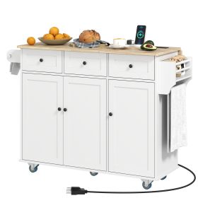 HOMCOM Kitchen Island on Wheels with Drop Leaf, Charging Station, Rolling Kitchen Cart with Wood Top, Adjustable Shelf, White