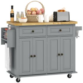 HOMCOM Rolling Kitchen Island with Rubber Wood Top, Spice/Towel Rack, Storage Drawers, Mobile Cart for Dining Room, Gray