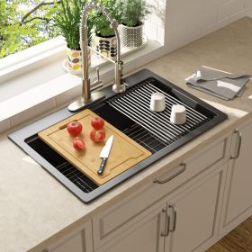 Drop In Quartz Workstation Kitchen Sink Top mount Single Bowl Granite Composite Sink with Roll-up Drying Rack, Cutting Board, Bottom Grid and Str (Color: Black, size: 33in.*22in.*9.65in.)