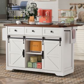 53.7" Farmhouse Kitchen Island with Power Outlet, 2 Sliding Barn Door Kitchen Storage Island with Drop Leaf, Spice Rack Rolling Kitchen Cart on W (Material: Particle Board+MDF, Color: White)