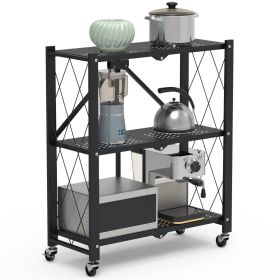 3-Tier Foldable Storage Shelf With Lockable Wheels No Assembly Rolling Utility Shelf Heavy Duty Collapsible Organizer Rack For Kitchen Living Roo (Color: Black)